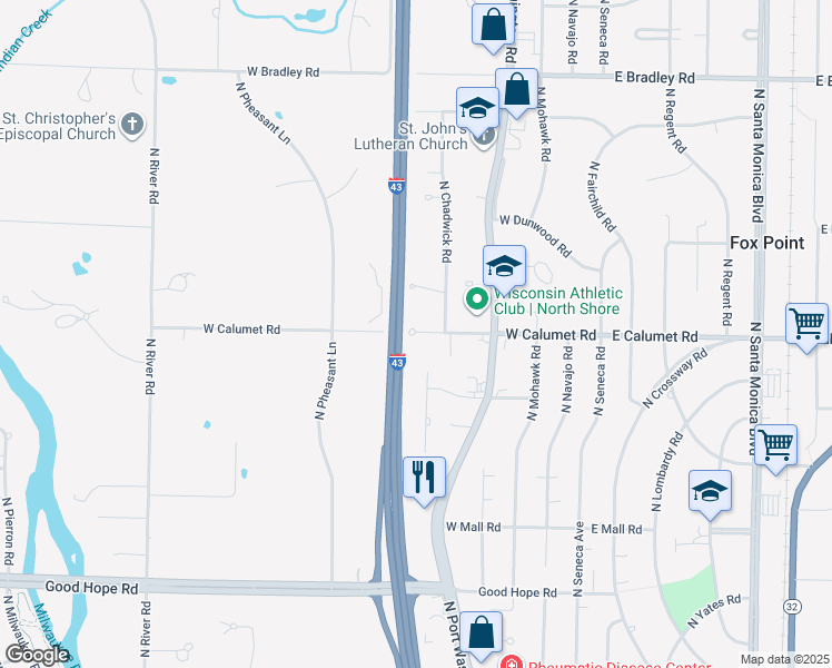 map of restaurants, bars, coffee shops, grocery stores, and more near 555 West Calumet Road in Glendale