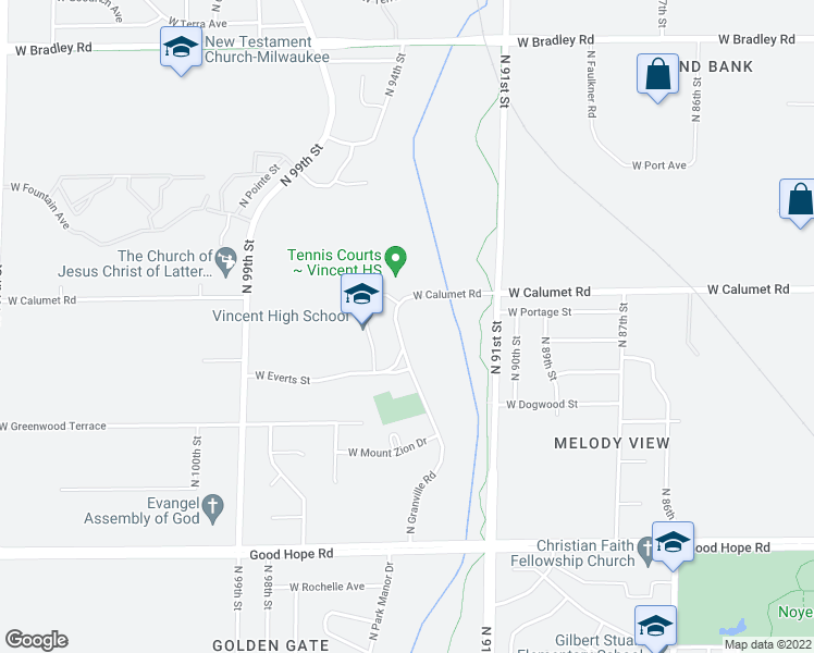 map of restaurants, bars, coffee shops, grocery stores, and more near 7512 North Granville Road in Milwaukee