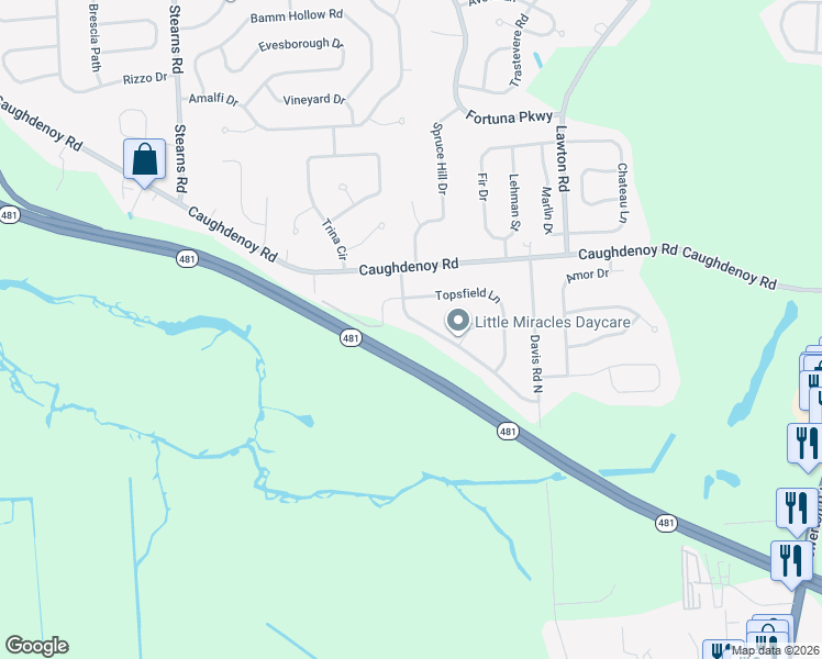 map of restaurants, bars, coffee shops, grocery stores, and more near 7953 Boxford Road in Clay