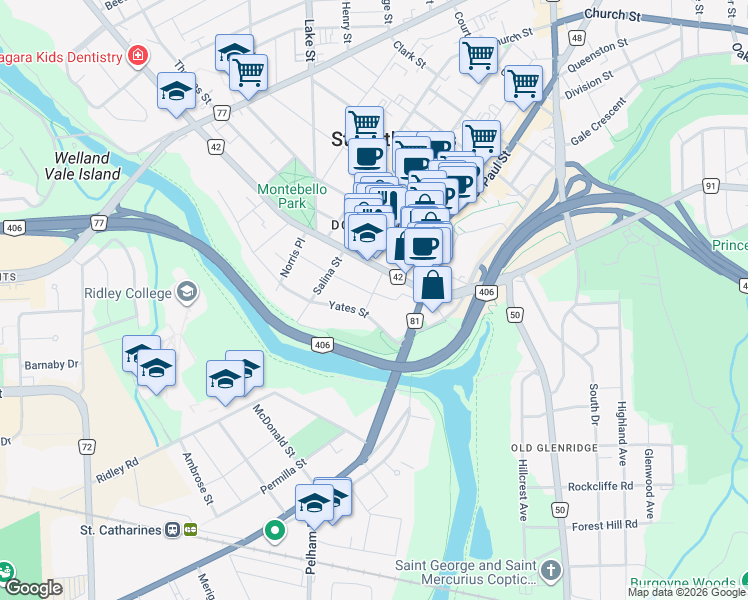 map of restaurants, bars, coffee shops, grocery stores, and more near 15 Trafalgar Street in St. Catharines