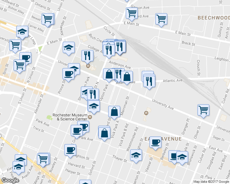 map of restaurants, bars, coffee shops, grocery stores, and more near 26 Rundel Park in Rochester