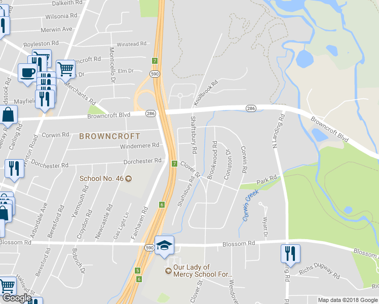map of restaurants, bars, coffee shops, grocery stores, and more near 117 Shaftsbury Road in Rochester