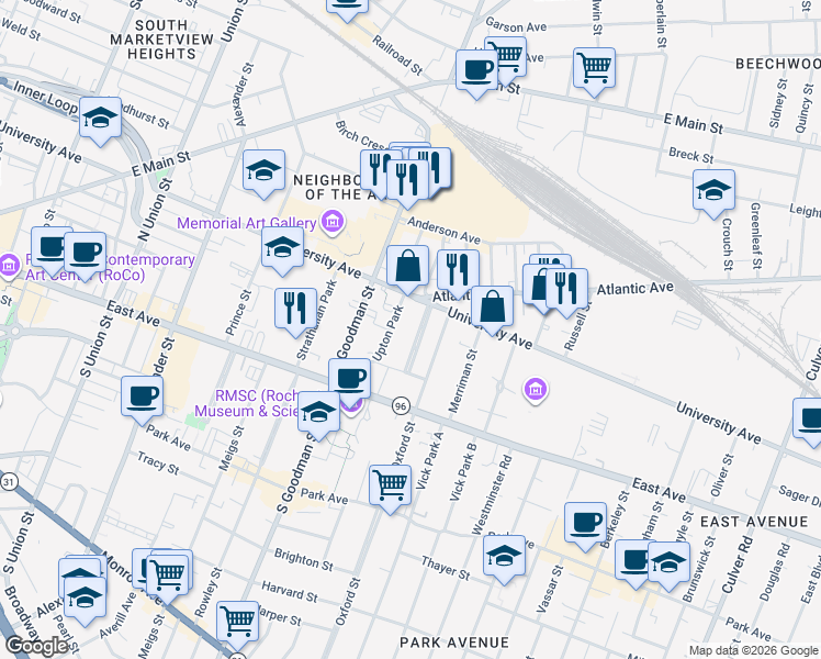 map of restaurants, bars, coffee shops, grocery stores, and more near 26 Rundel Park in Rochester