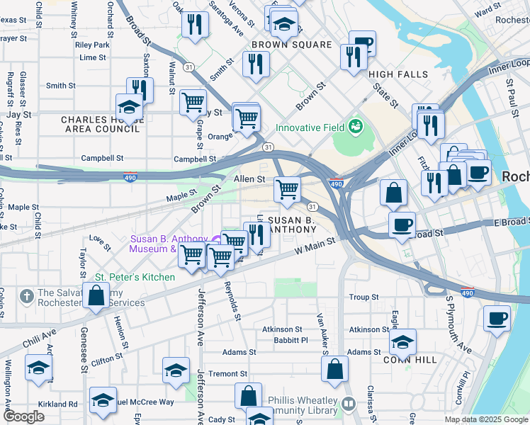 map of restaurants, bars, coffee shops, grocery stores, and more near 99 Canal Street in Rochester