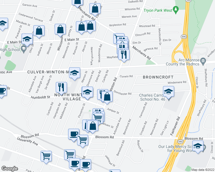 map of restaurants, bars, coffee shops, grocery stores, and more near 471 Winton Road North in Rochester