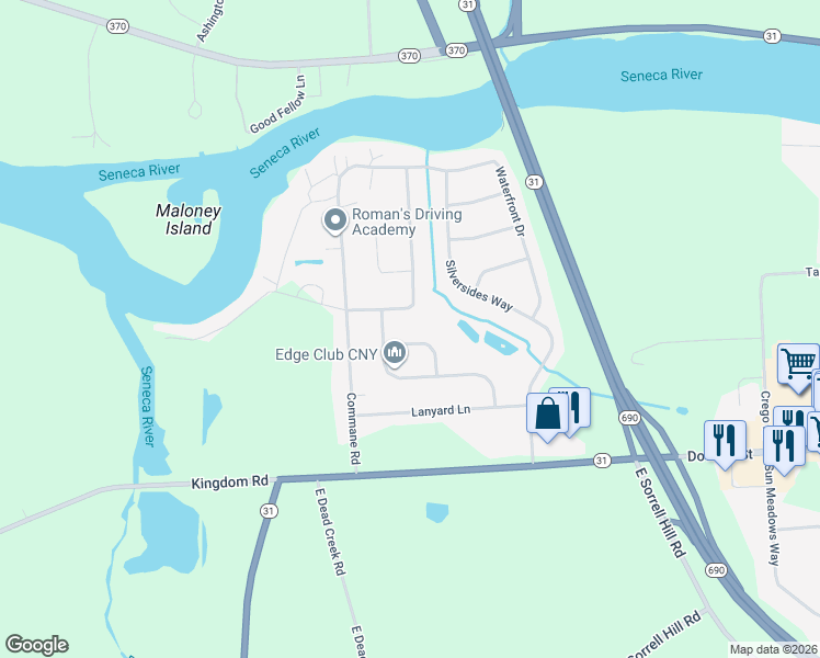 map of restaurants, bars, coffee shops, grocery stores, and more near 12 Kidd Kove in Baldwinsville