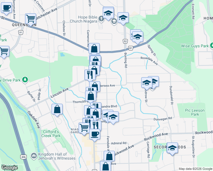 map of restaurants, bars, coffee shops, grocery stores, and more near Battersea Avenue in Saint Catharines
