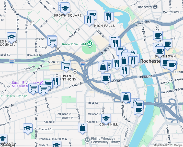 map of restaurants, bars, coffee shops, grocery stores, and more near 69 Cascade Drive in Rochester
