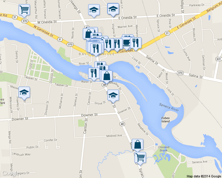 map of restaurants, bars, coffee shops, grocery stores, and more near 33 Syracuse Street in Baldwinsville