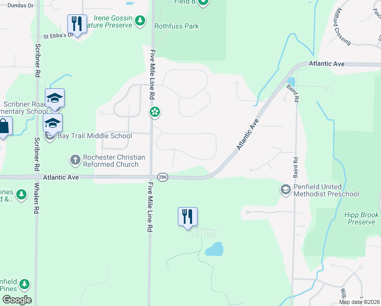 map of restaurants, bars, coffee shops, grocery stores, and more near 132 Stoneledge Way in Penfield