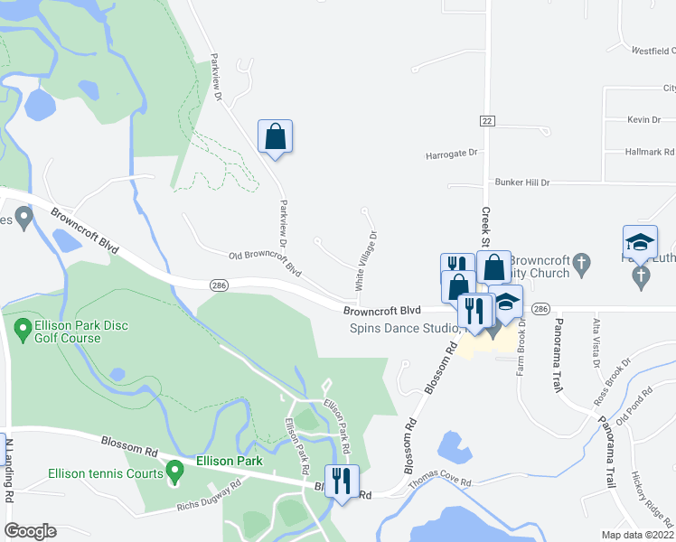 map of restaurants, bars, coffee shops, grocery stores, and more near 17 White Hill Drive in Rochester