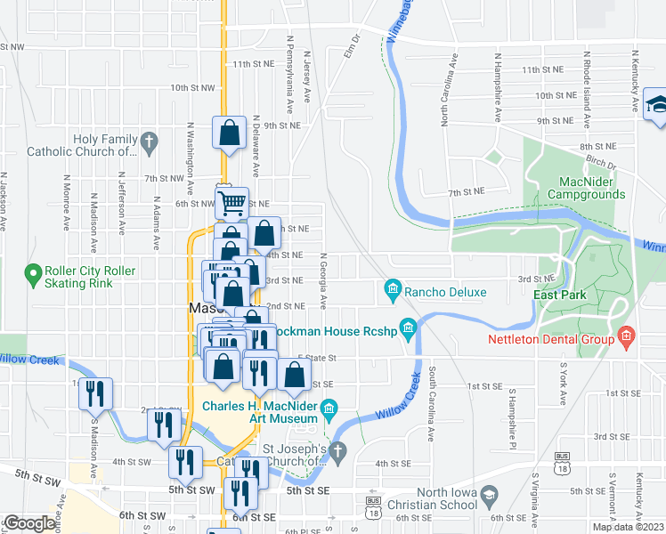 map of restaurants, bars, coffee shops, grocery stores, and more near 304 3rd Street Northeast in Mason City