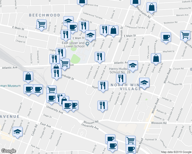 map of restaurants, bars, coffee shops, grocery stores, and more near 56 Allandale Avenue in Rochester