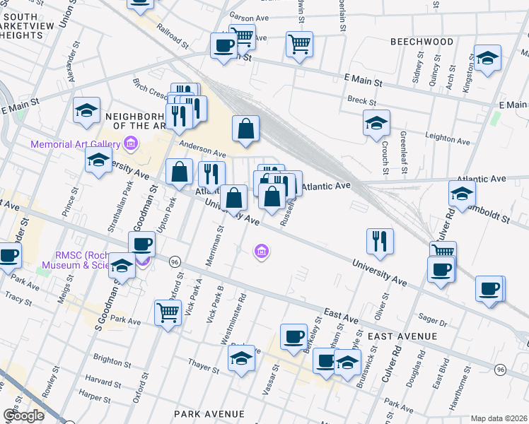 map of restaurants, bars, coffee shops, grocery stores, and more near 13 Elton Street in Rochester