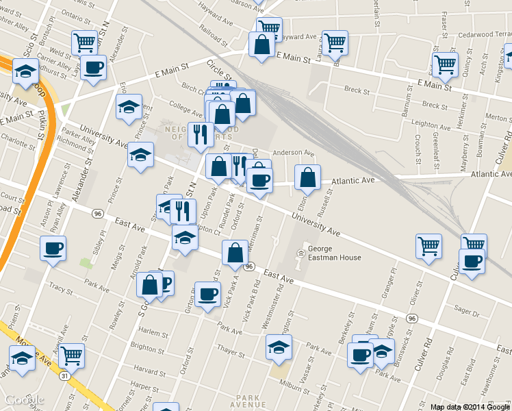 map of restaurants, bars, coffee shops, grocery stores, and more near 745 University Avenue in Rochester
