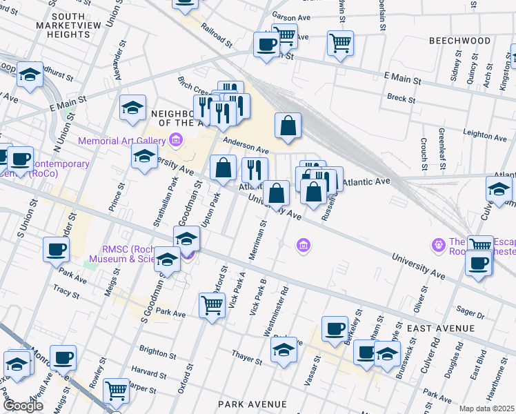 map of restaurants, bars, coffee shops, grocery stores, and more near 745 University Avenue in Rochester