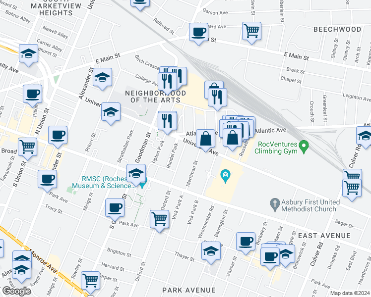 map of restaurants, bars, coffee shops, grocery stores, and more near 745 University Avenue in Rochester