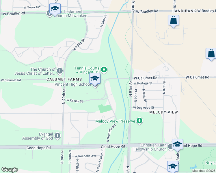 map of restaurants, bars, coffee shops, grocery stores, and more near 7512 North Granville Road in Milwaukee
