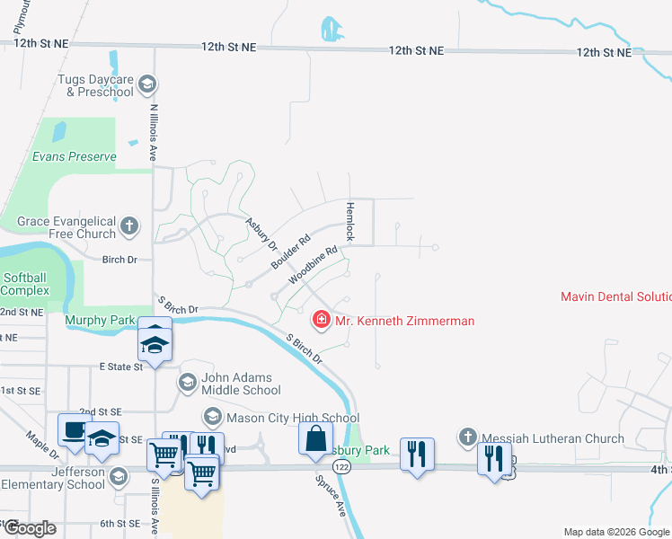 map of restaurants, bars, coffee shops, grocery stores, and more near 5 Field Road in Mason City