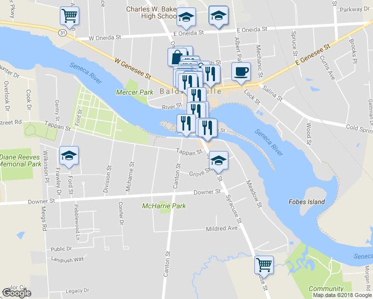 map of restaurants, bars, coffee shops, grocery stores, and more near 12 Tappan Street in Baldwinsville