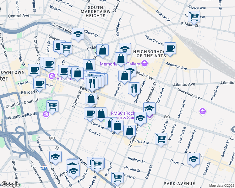 map of restaurants, bars, coffee shops, grocery stores, and more near 8D Prince Street in Rochester