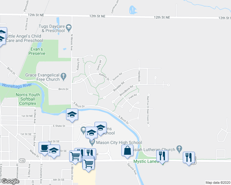 map of restaurants, bars, coffee shops, grocery stores, and more near 15 Boulder Road in Mason City