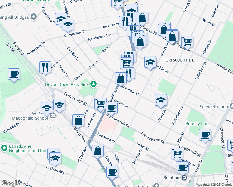 map of restaurants, bars, coffee shops, grocery stores, and more near in Brantford