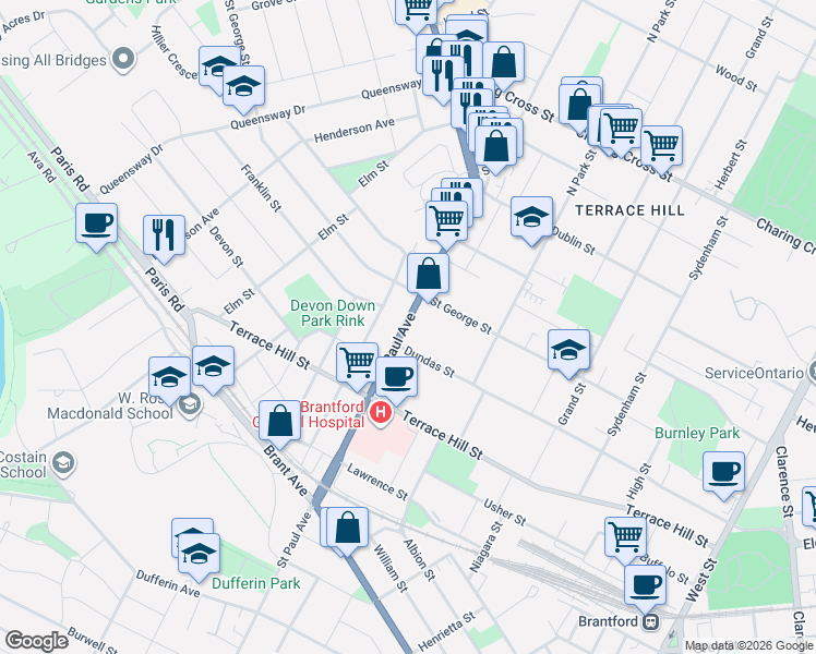 map of restaurants, bars, coffee shops, grocery stores, and more near in Brantford