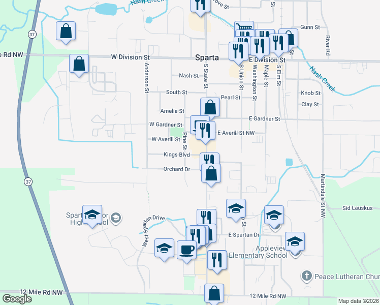 map of restaurants, bars, coffee shops, grocery stores, and more near 69 Kings Boulevard in Sparta