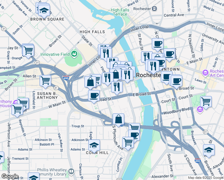 map of restaurants, bars, coffee shops, grocery stores, and more near 53 West Main Street in Rochester