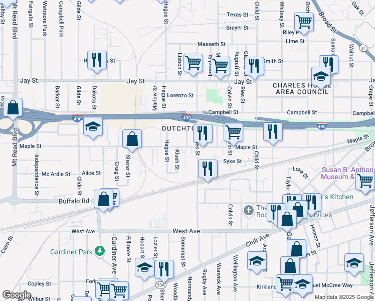 map of restaurants, bars, coffee shops, grocery stores, and more near 713 Maple Street in Rochester
