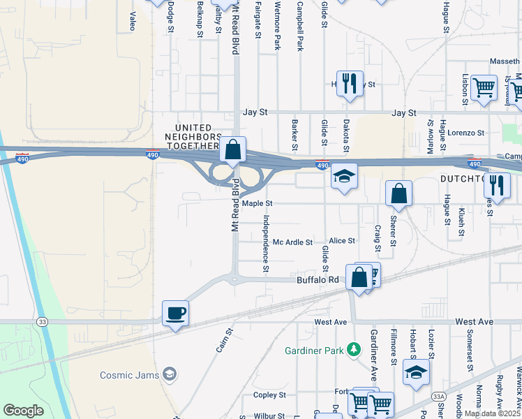 map of restaurants, bars, coffee shops, grocery stores, and more near 209 Independence Street in Rochester