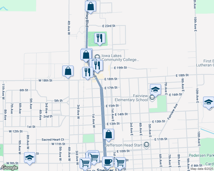 map of restaurants, bars, coffee shops, grocery stores, and more near 13 East 17th Street in Spencer