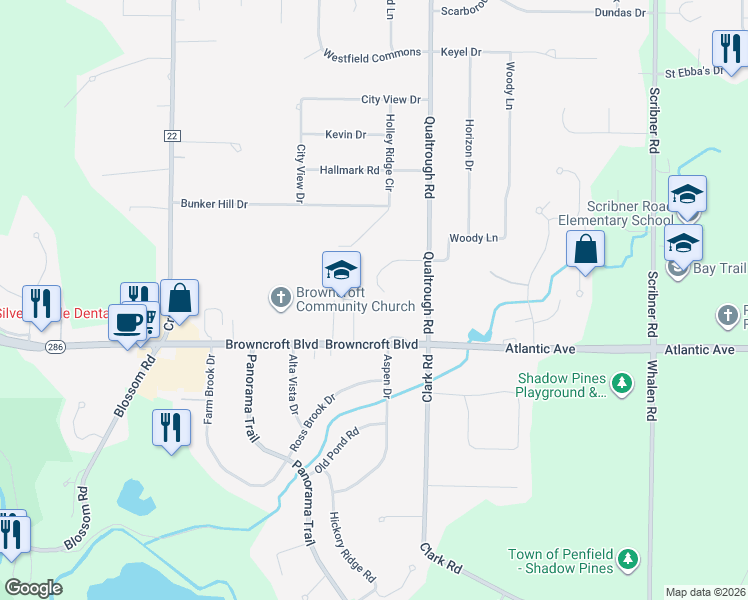 map of restaurants, bars, coffee shops, grocery stores, and more near 22 Waterbury Lane in Rochester