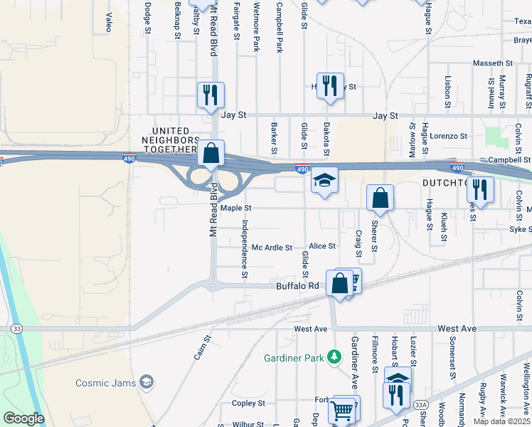 map of restaurants, bars, coffee shops, grocery stores, and more near 1139 Maple Street in Rochester