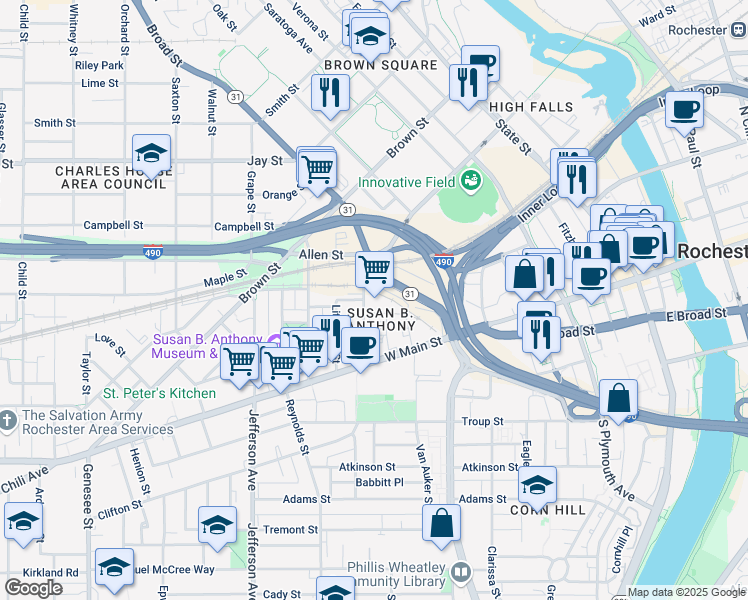 map of restaurants, bars, coffee shops, grocery stores, and more near 90 Canal Street in Rochester