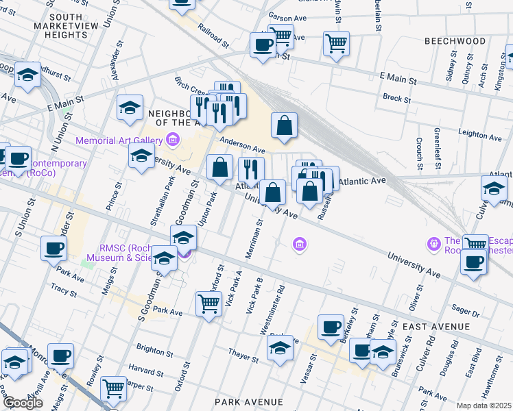 map of restaurants, bars, coffee shops, grocery stores, and more near 745 University Avenue in Rochester