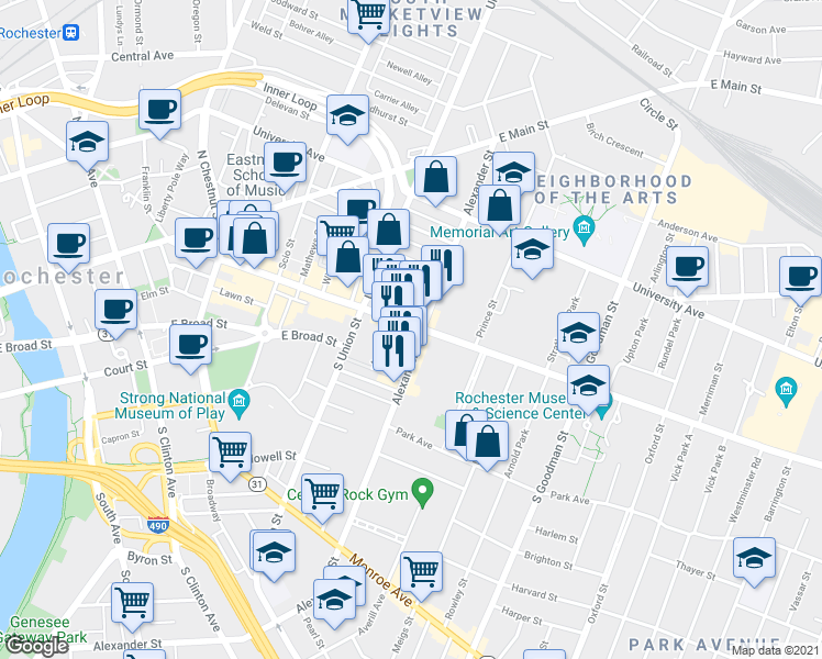 map of restaurants, bars, coffee shops, grocery stores, and more near 353 East Avenue in Rochester