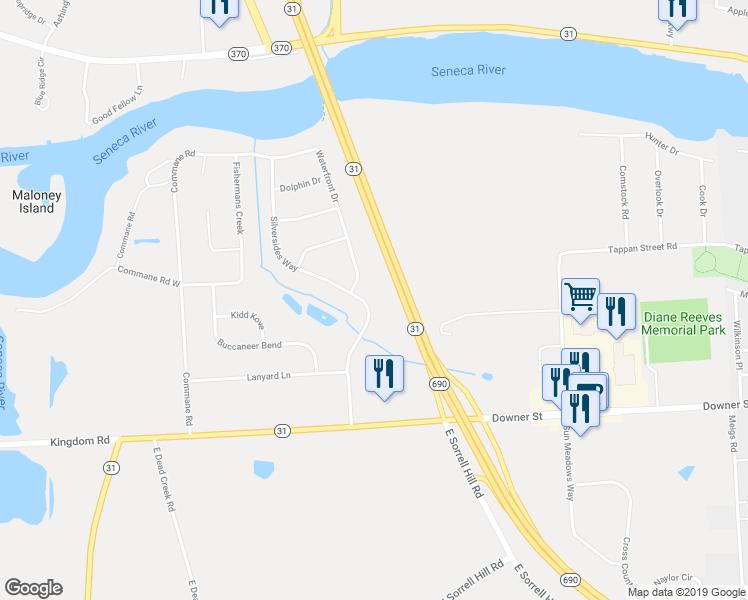 map of restaurants, bars, coffee shops, grocery stores, and more near 82 Silversides Way in Baldwinsville