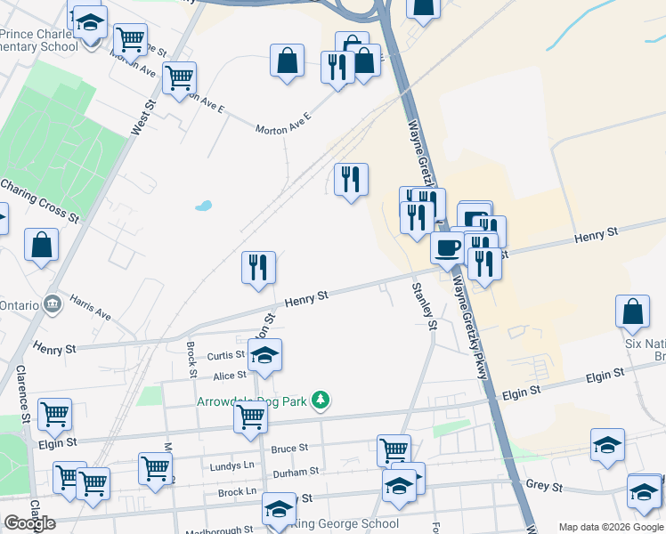 map of restaurants, bars, coffee shops, grocery stores, and more near 149 Henry Street in Brantford