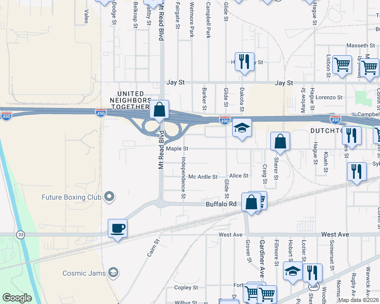 map of restaurants, bars, coffee shops, grocery stores, and more near 1139 Maple Street in Rochester