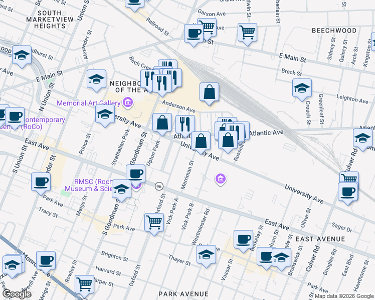 map of restaurants, bars, coffee shops, grocery stores, and more near 745 University Avenue in Rochester