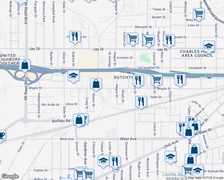 map of restaurants, bars, coffee shops, grocery stores, and more near 813 Maple Street in Rochester