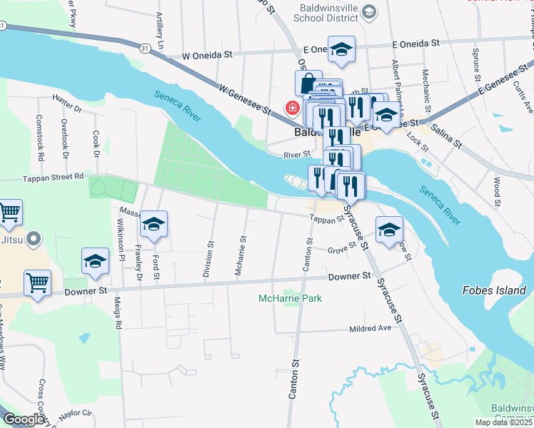 map of restaurants, bars, coffee shops, grocery stores, and more near 41 Tappan Street in Baldwinsville