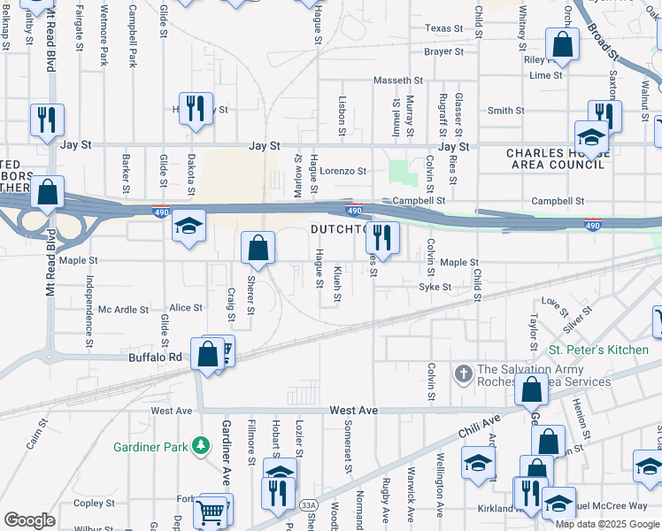 map of restaurants, bars, coffee shops, grocery stores, and more near 767 Maple Street in Rochester