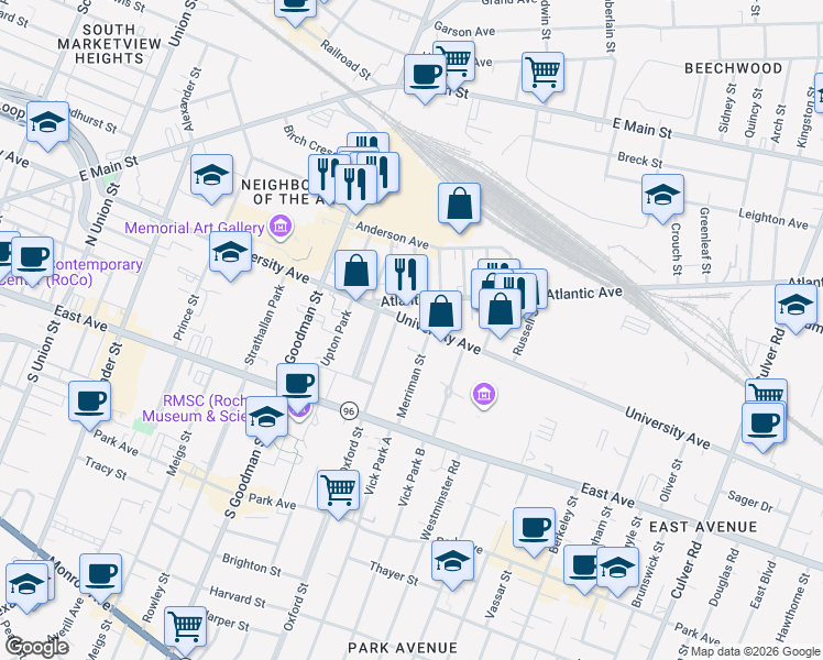 map of restaurants, bars, coffee shops, grocery stores, and more near 745 University Avenue in Rochester