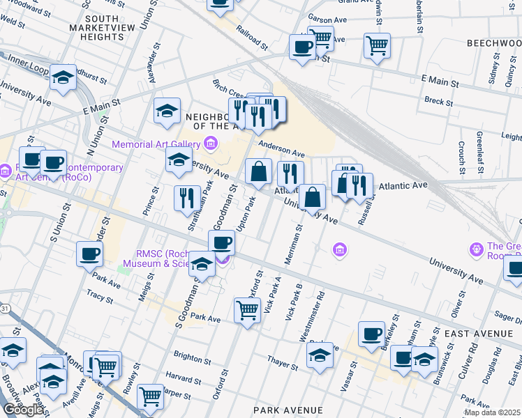 map of restaurants, bars, coffee shops, grocery stores, and more near 26 Rundel Park in Rochester