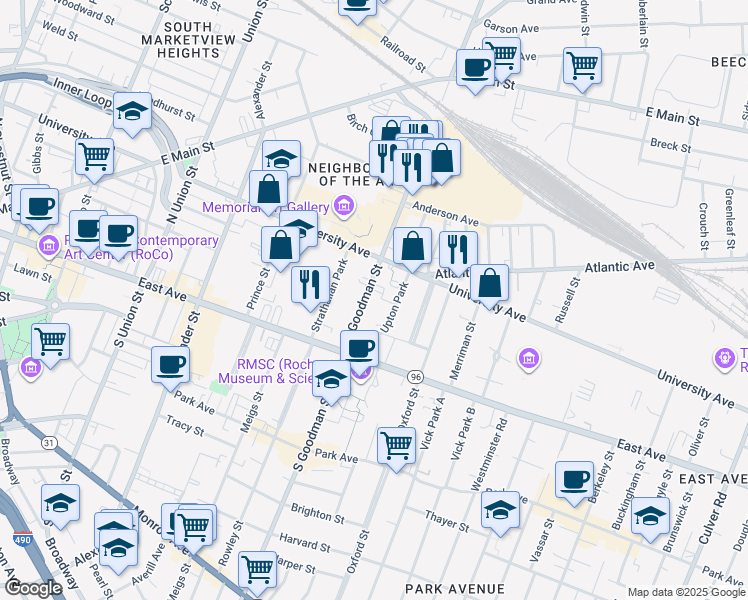 map of restaurants, bars, coffee shops, grocery stores, and more near 25-29 North Goodman Street in Rochester