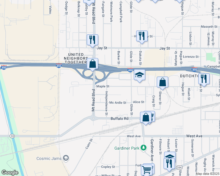 map of restaurants, bars, coffee shops, grocery stores, and more near 1139 Maple Street in Rochester