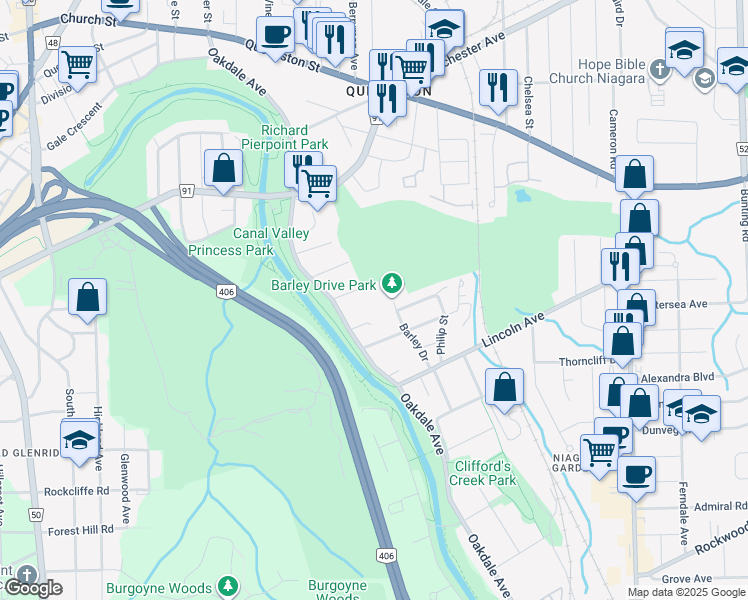 map of restaurants, bars, coffee shops, grocery stores, and more near in St. Catharines
